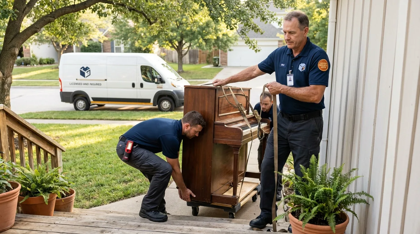 Licensed piano movers securing grand piano in Denver, PA