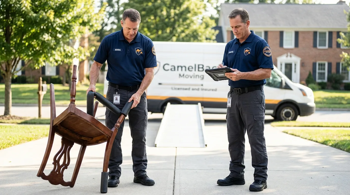 Movers inspecting furniture for damage prevention before loading in Denver, PA
