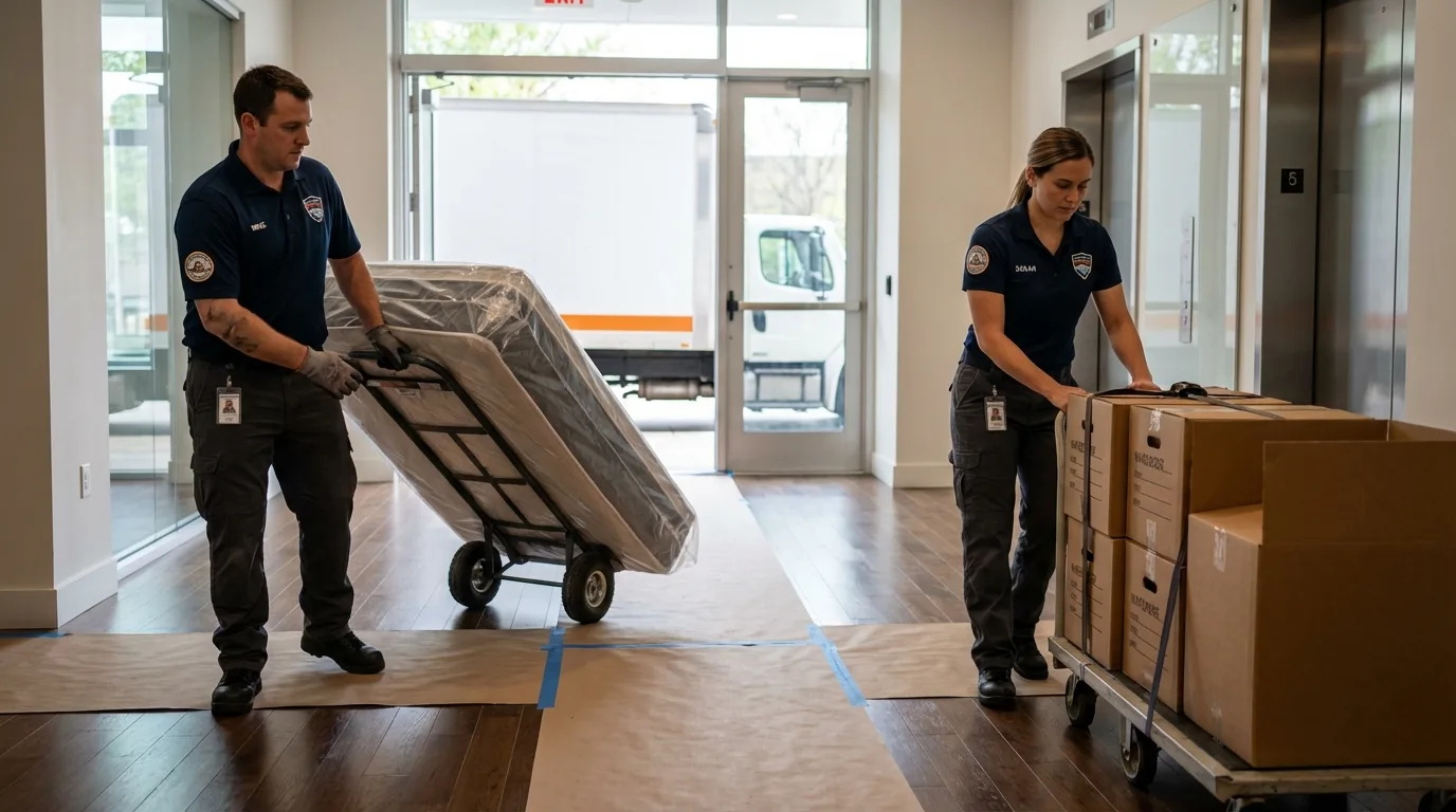 Professional apartment movers loading elevator in Denver, PA